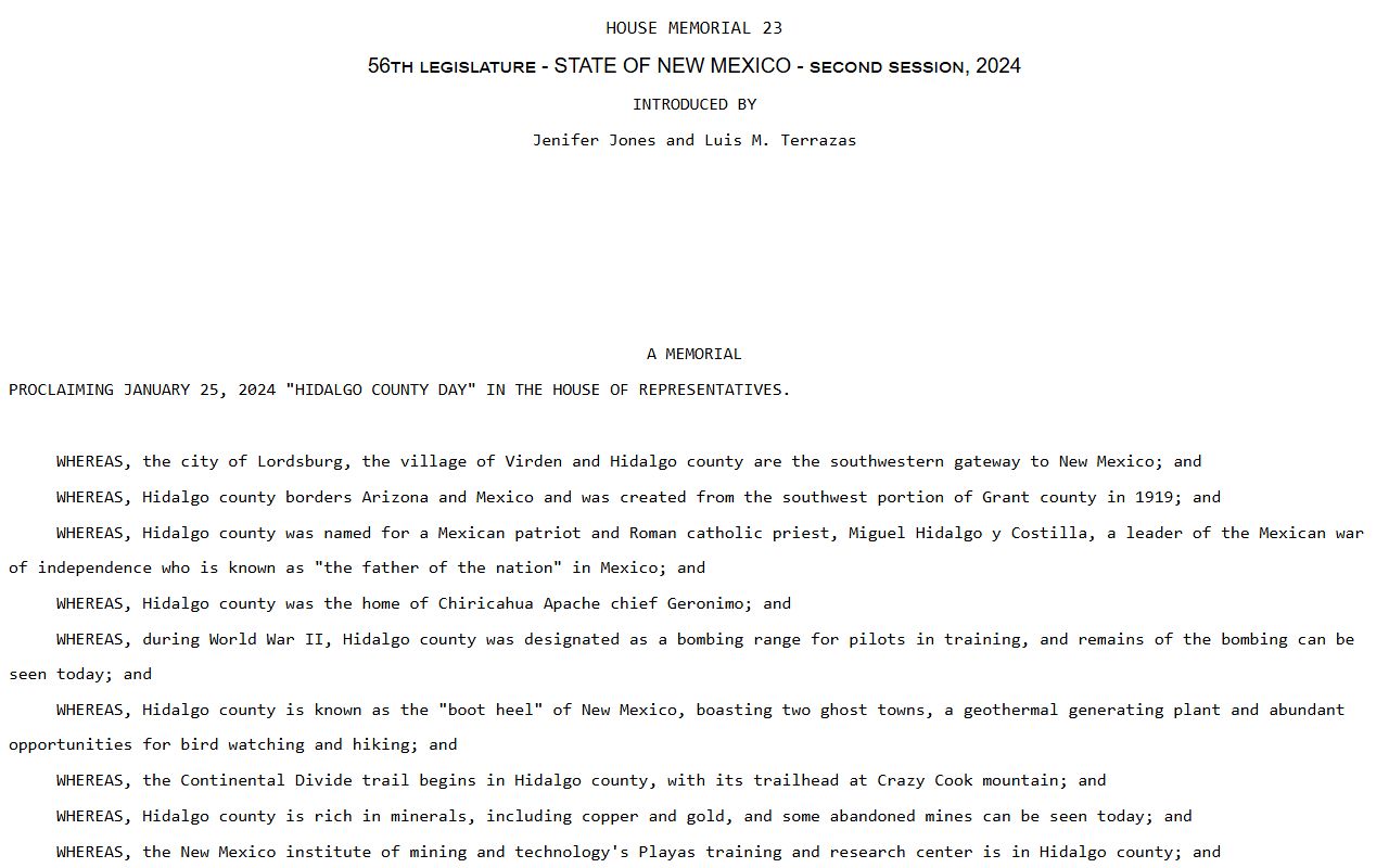 Hidalgo County court dockets New Mexico Legislature Hidalgo County memorial