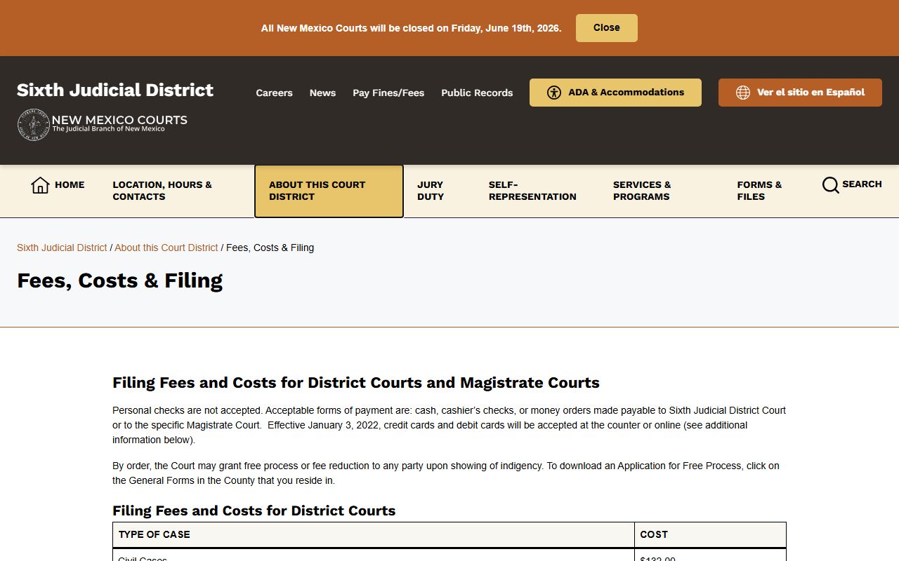 Hidalgo County District Court fees and costs page